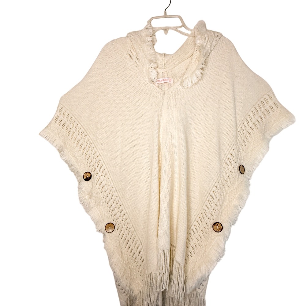 Ana & Rose Cream Hooded Poncho One Size Fringe Boho Crochet Button Cape Cozycore